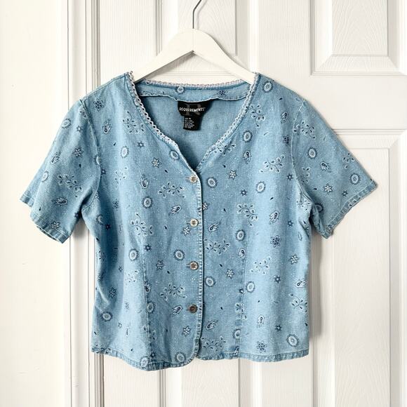 Requirements Tops - Requirements Vintage Y2K Denim Paisley Eyelet Lace Trim Bustier Button Top M